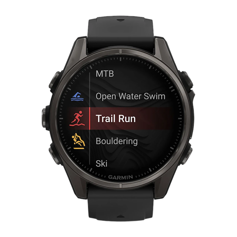 Спортивные часы Garmin fenix 8, 43 мм, AMOLED, титан с DLC, сапфир, силиконовый ремешок цвета чёрный/«серая галька» Тёмно-серый безель из титана с DLC-покрытием, AMOLED-дисплей. Ремешок с классической застёжкой — на запястье обхватом 108–182 мм