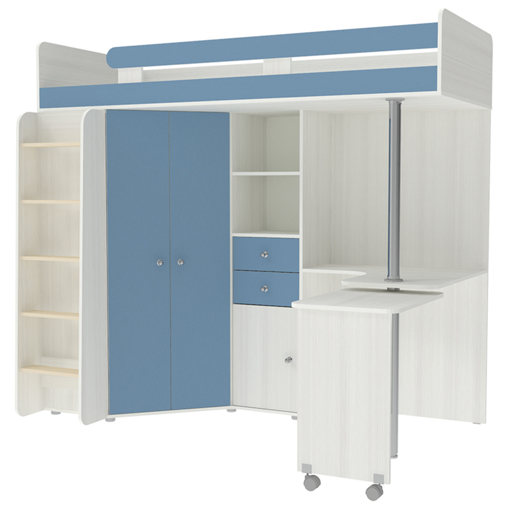 Кровать-чердак КарИВи М85 Белое Дерево Светло-синий, голубой