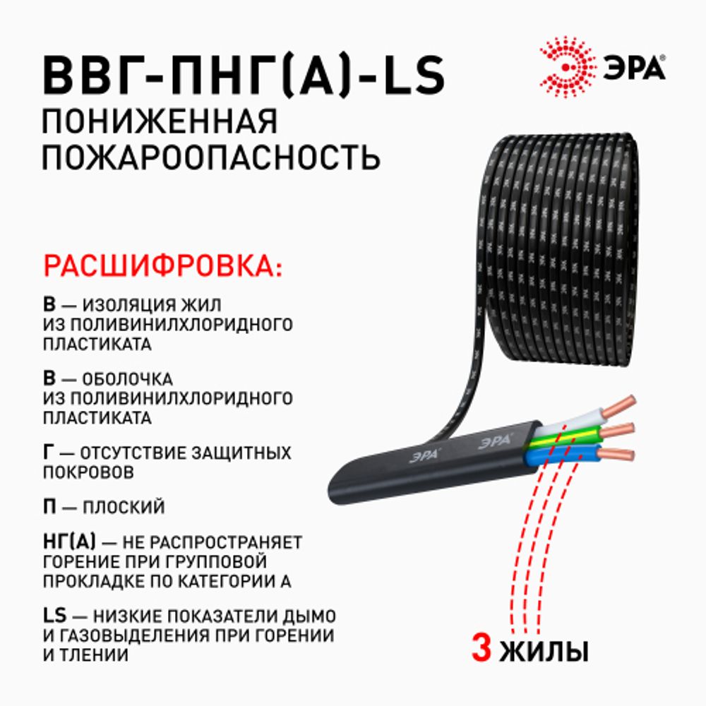 Кабель ЭРА ВВГ-Пнг(А)-LS 3х1,5(N,PE) 10м | Кабель ВВГ-Пнг(А)LS