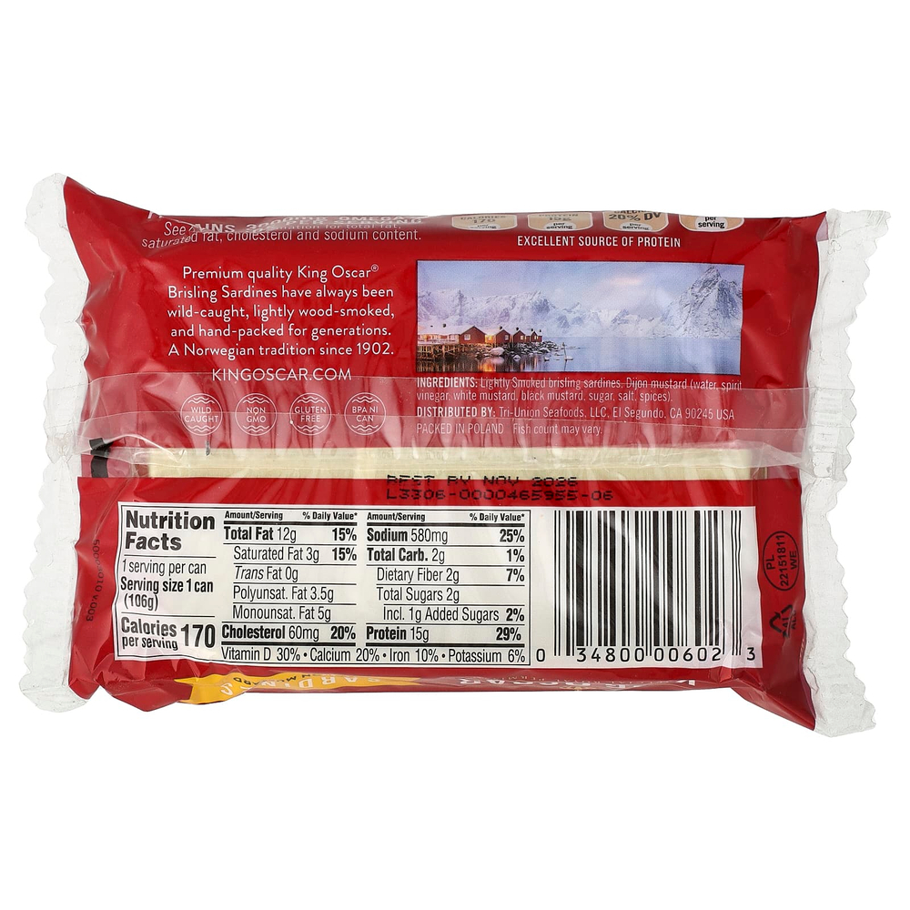 King Oscar, Сардины дикого улова с дижонской горчицой, в один слой, 106 г (3,75 унции)