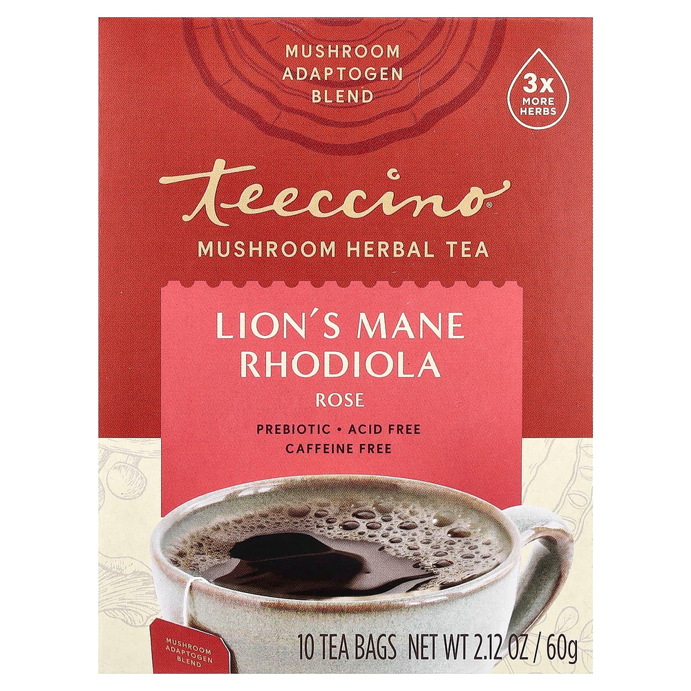 Teeccino, грибной травяной чай, ежовик гребенчатый, родиола, роза, без кофеина, 10 чайных пакетиков, 60 г (2,12 унции)