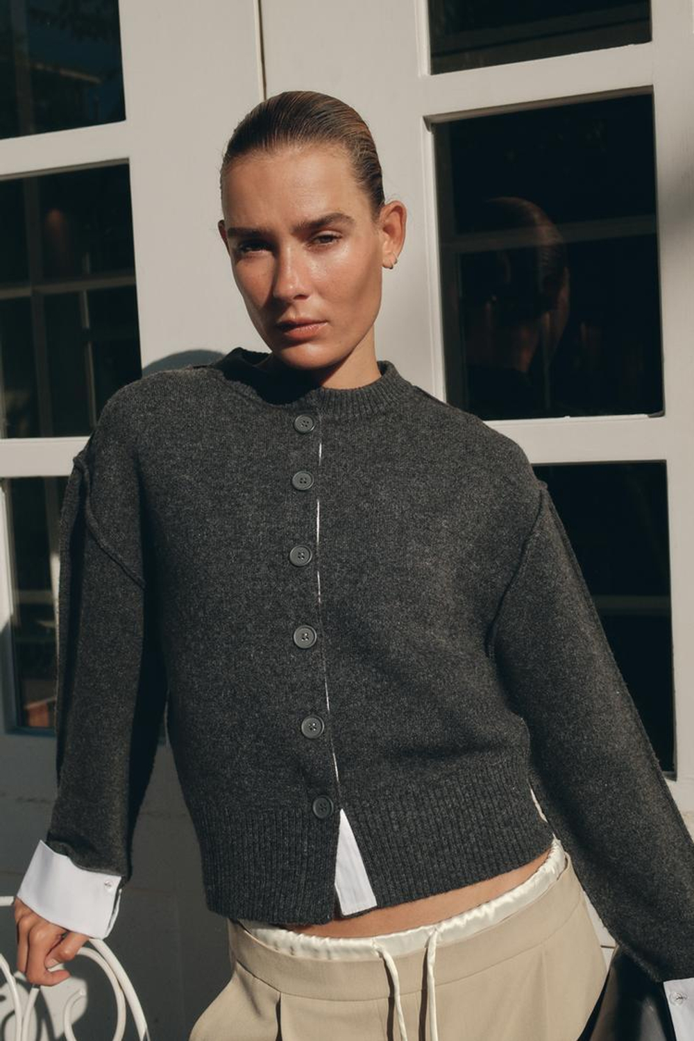 ZARA КАРДИГАН С КОНТРАСТНЫМИ ДЕТАЛЯМИ, СЕРЫЙ МЕЛАНЖ