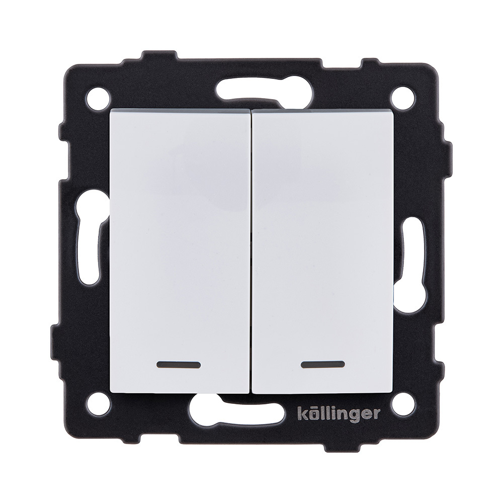 Выключатель 2-клавишный 10А/250В с LED подсветкой, изогнутый, белый Kollinger REA-R-008WH для Aspekt, Eleganz, Reflex