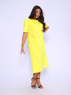 Платье трикотажное макси с разрезами 116-222-5-Горох , Ярко/Желтый