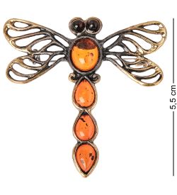 AM-1661 Брошь «Стрекоза Егоза» (латунь, янтарь)