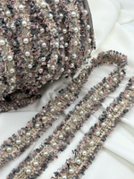 Тесьма серо-розовая с жемчугом твид