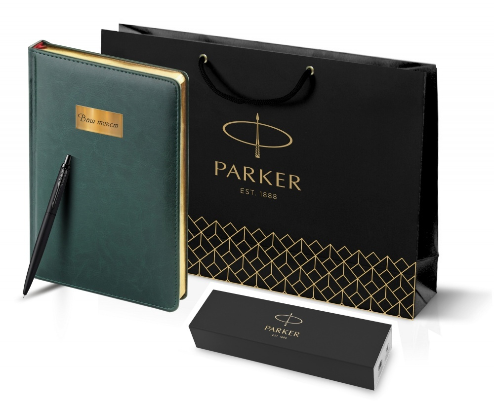 Подарочный набор: Шариковая ручка Parker  Jotter XL SE20 Monochrome в подарочной упаковке, цвет: Black, стержень: Mblue и Ежедневник зеленый недатиров