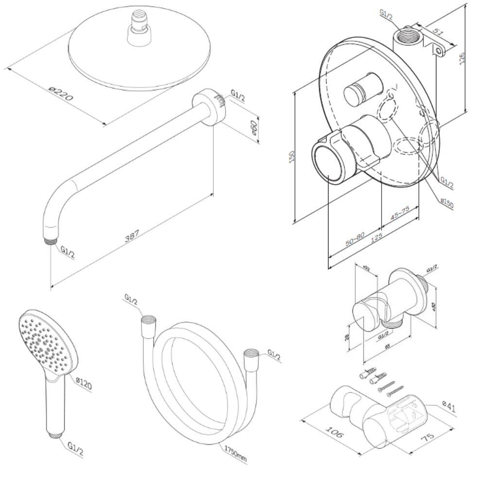 Набор: смесительс термостатом на 2 потребителя, верхний душ с держателем, душевой набор и шланговое присоединение AM.PM X-Joy FT85A1RH10