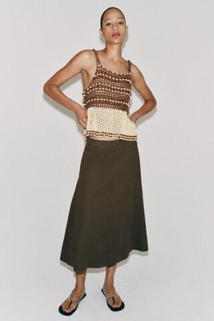 ZARA ЮБКА МИДИ ИЗ СМЕСОВОГО ЛЬНА — ZW COLLECTION, СЕРО-КОРИЧНЕВЫЙ