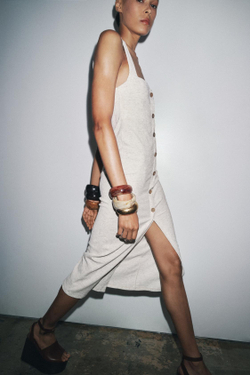 ZARA ПЛАТЬЕ МИДИ В ДЕРЕВЕНСКОМ СТИЛЕ, БЕЖЕВЫЙ