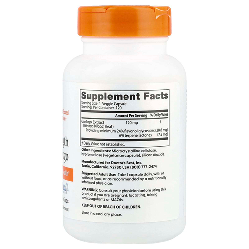 Doctor's Best, гинкго, 120 мг, 120 растительных капсул