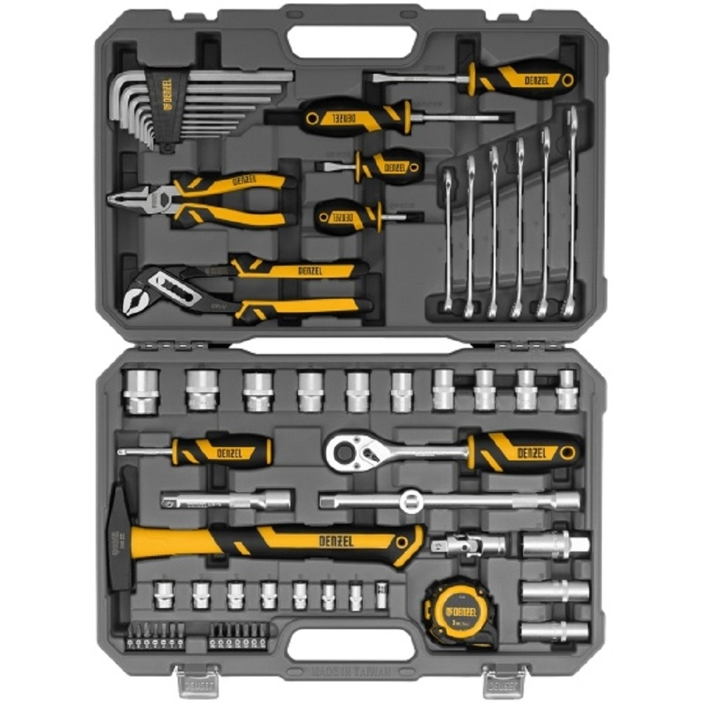 Набор инструментов, 1/2", 1/4", CrV, S2, пластиковый кейс, 64 предмета// Denzel [15801]