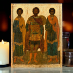 Икона  святые Федор Стратилат, Флор и Лавр на дереве на левкасе мастерская Иконный Дом