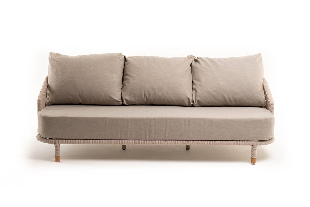 "Верона" диван 3-местный плетеный из роупа, каркас алюминий белый муар, роуп бежевый круглый, ткань бежевая 052