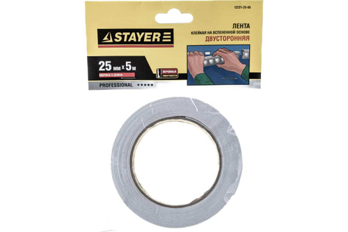 Лента PROFI клейкая двусторонняя, на вспененной основе (5 м; 25 мм; белая) STAYER 12231-25-05