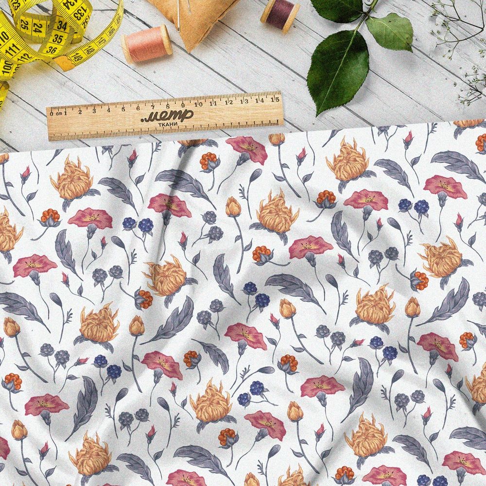 Ткань габардин красочная нежная флористика