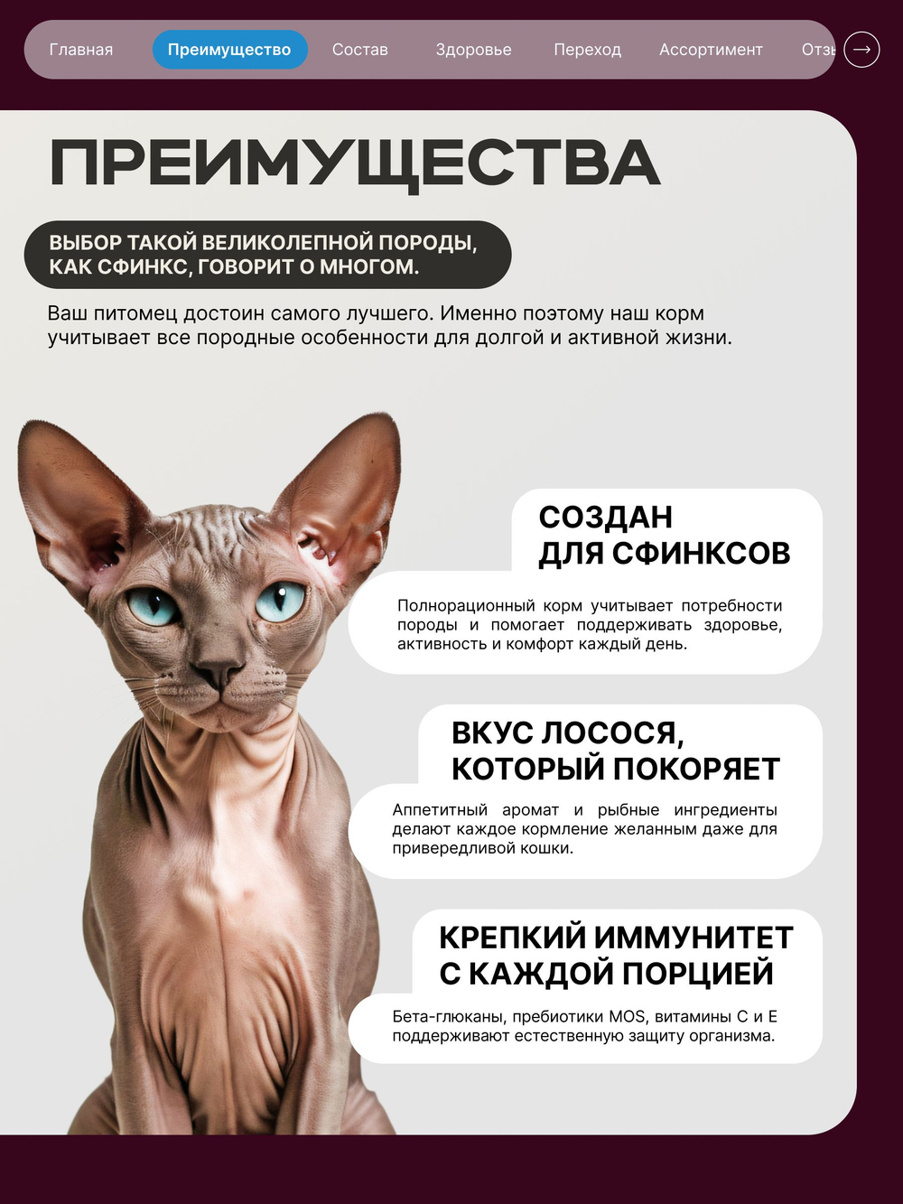 Корм сухой полнорационный для взрослых кошек породы Сфинкс, с лососем, 2 кг, QUATTRO