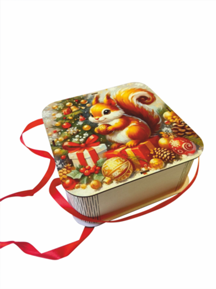 Деревянная Новогодняя упаковка,подарочная бандероль Белочка