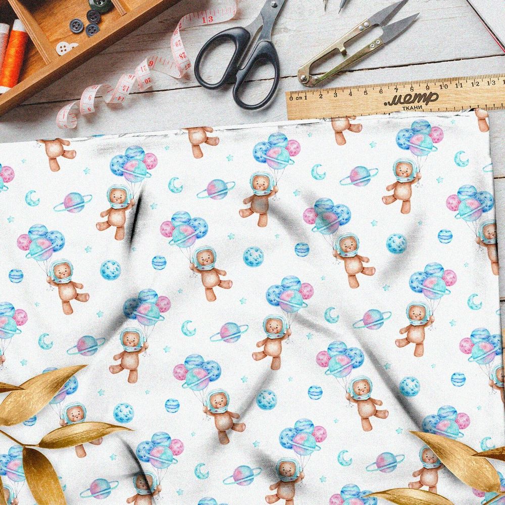 Ткань поплин мишки-космонавты с воздушными шарами
