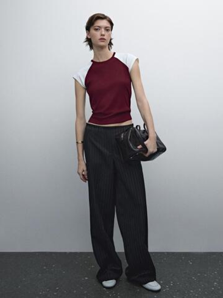 Massimo Dutti Хлопковый топ в рубчик без рукавов, гранатовый