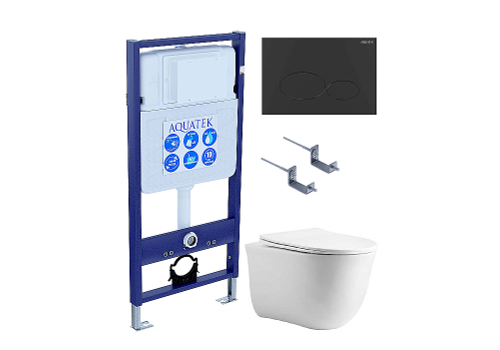 Унитаз подвесной с инсталляцией Aquatek Классик SET AQUATEK КЛАССИК-074 4в1 белый/кнопка черная матовая, безободковый, с крышкой микролифт