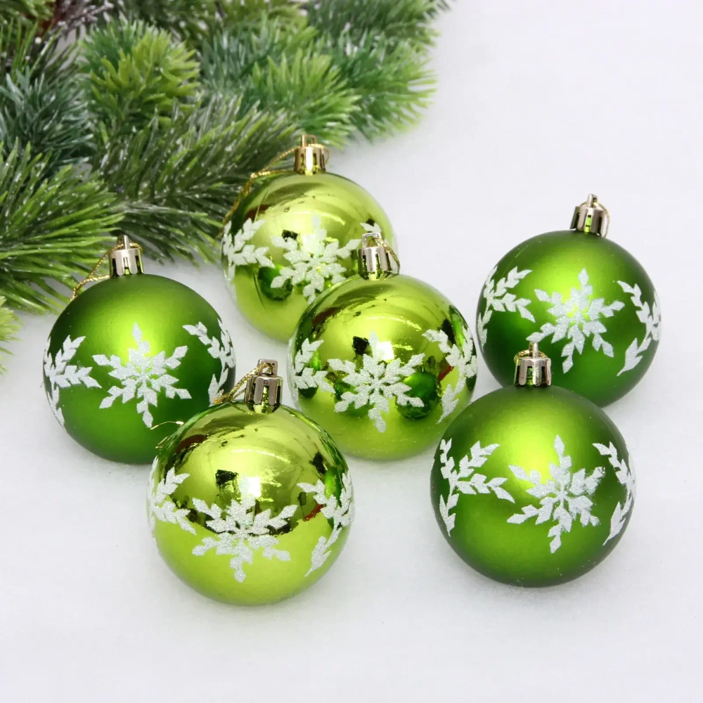 Новогодние шары «Снежный шарм» 6 см (набор 6 шт), Салатовый