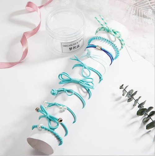 Набор резинок для волос 10 шт в пакете. Цвет Голубой+бирюза.