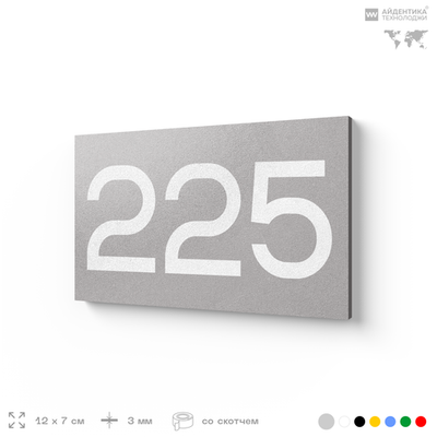 Номер на дверь 225, табличка на дверь для офиса, квартиры, кабинета, аудитории, склада, серый 120х70 мм, Айдентика Технолоджи