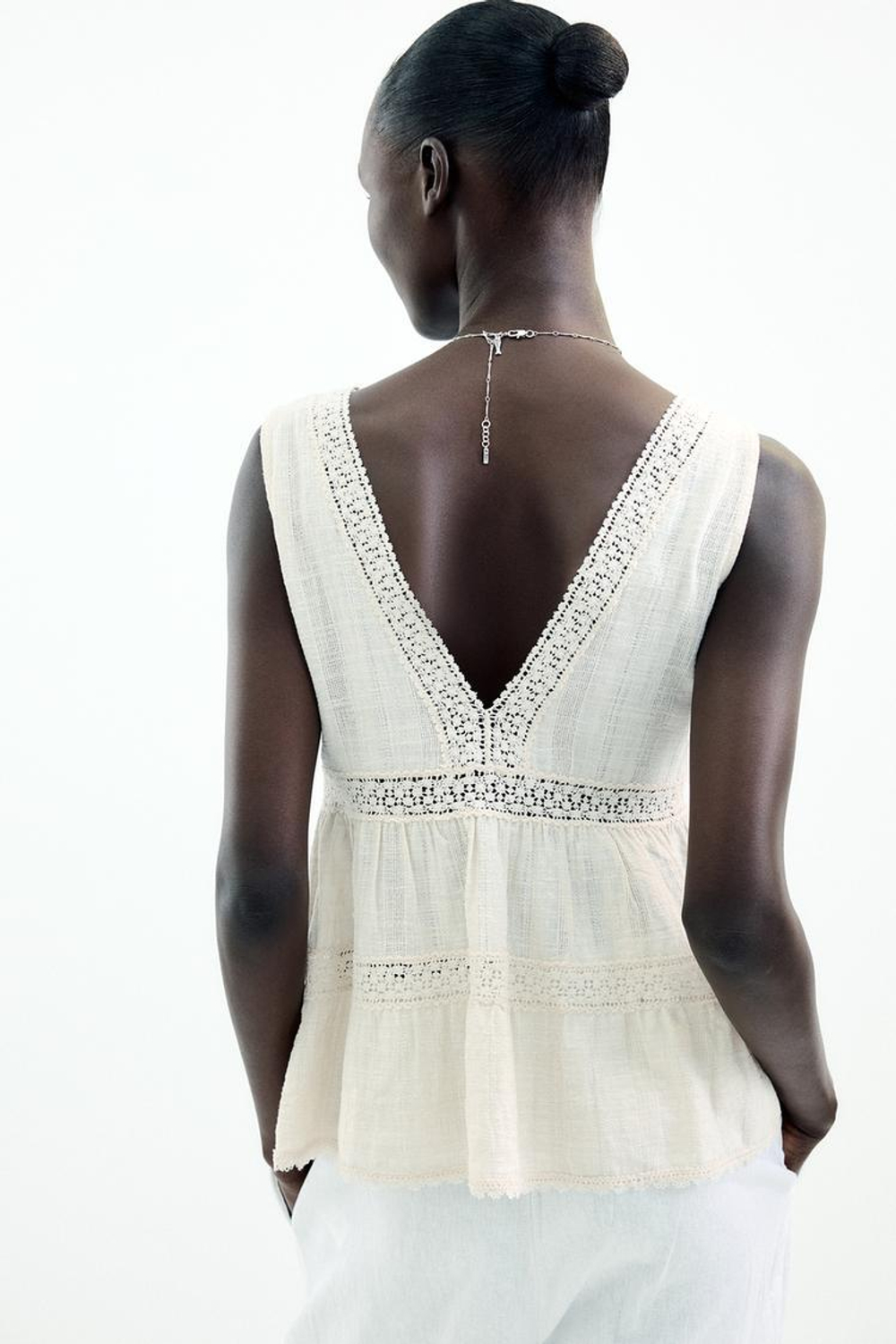 ZARA ТОП В СТИЛЕ РУСТИК С КРУЖЕВОМ, ЭКРЮ