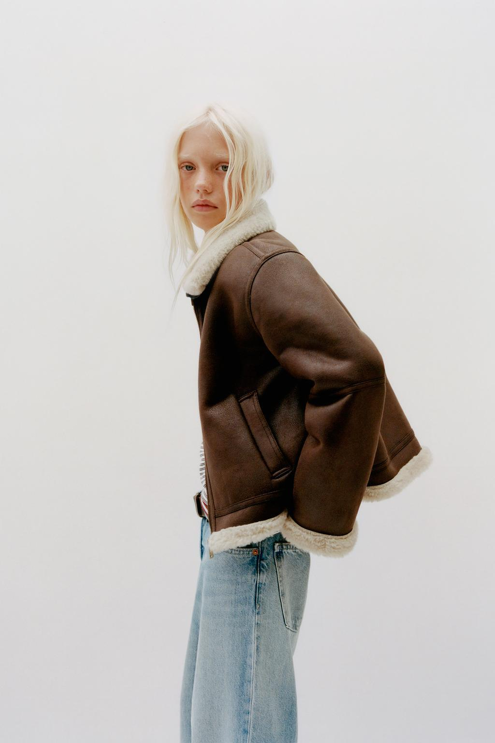 ZARA КУРТКА-ДУБЛЕНКА ИЗ ИСКУССТВЕННОЙ КОЖИ, КОРИЧНЕВЫЙ