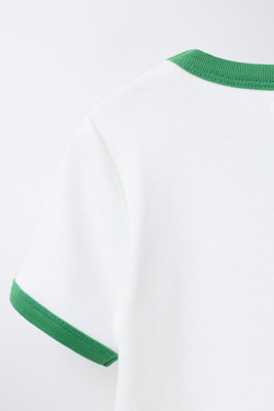 ZARA ФУТБОЛКА В РУБЧИК С КОНТРАСТНЫМ ТЕКСТОМ, ЦВЕТ МОРСКОЙ ВОЛНЫ