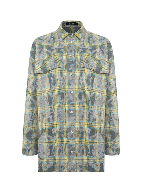 Рубашка из хлопка оверсайз в клетку серая с желтым