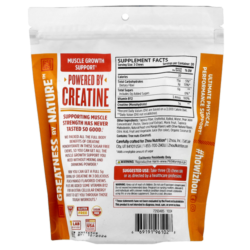 Zhou Nutrition, Creatine Chews, персик и манго, 60 жевательных таблеток