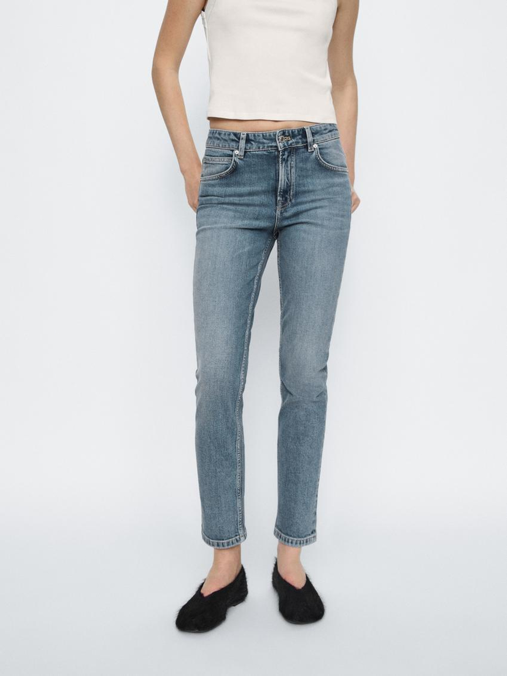 Massimo Dutti Укороченные зауженные джинсы со средней посадкой, голубой