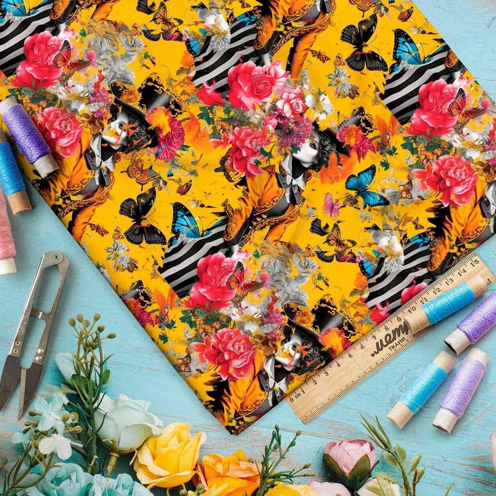 Ткань премиум атлас эклектичный коллаж