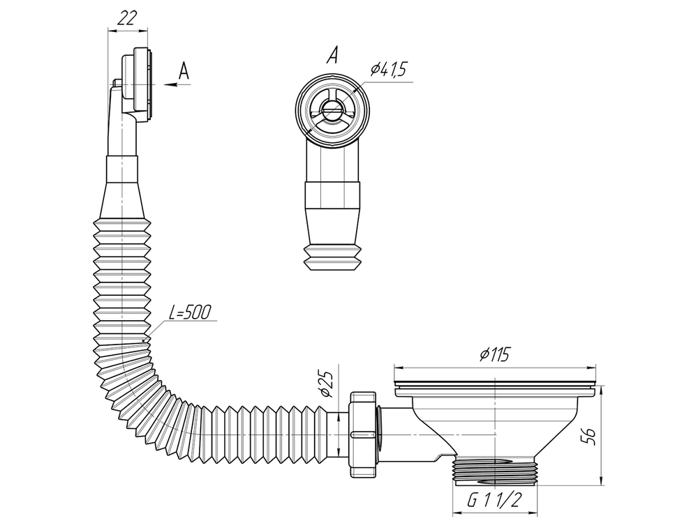 Перелив Ани д/мойки 3 1/2(диам.90мм) N320S АНИ пласт гибкий круг.вертик.корпус