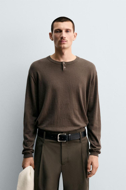 ZARA СВИТЕР ИЗ ХЛОПКА И КАШЕМИРА С ПУГОВИЦАМИ НА ГОРЛОВИНЕ, ШОКОЛАДНЫЙ