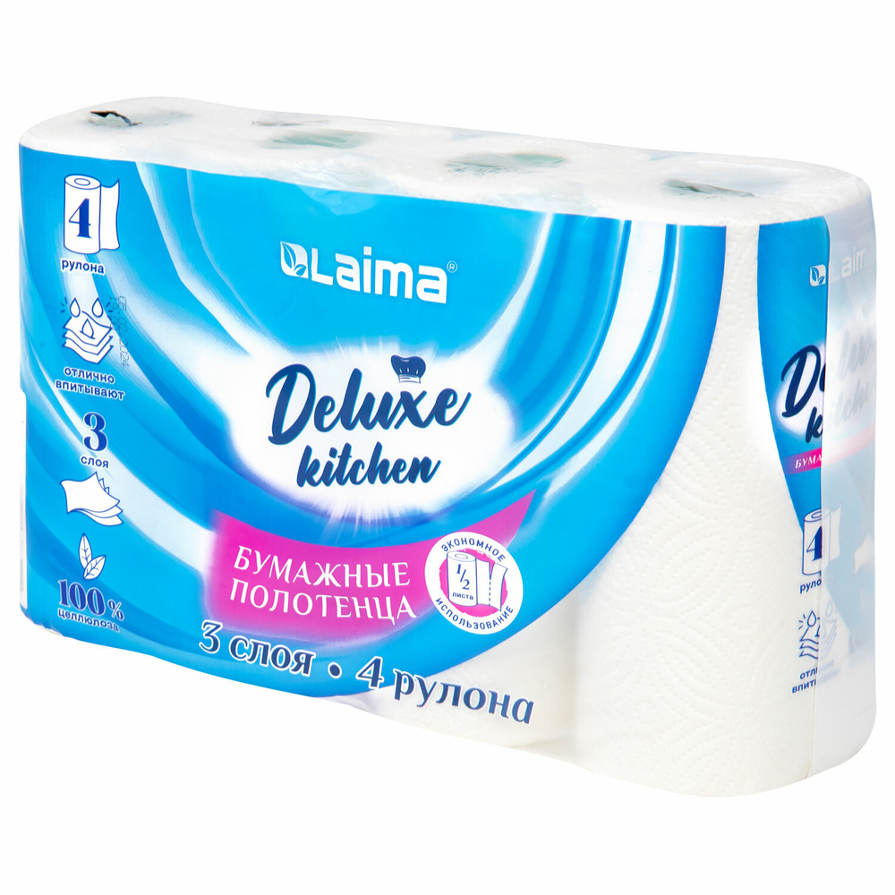 Полотенца бумажные 3-х слойные, 4 рулона по 11 м (отрыв 1/2 листа), LAIMA Deluxe, 100% целлюлоза.
