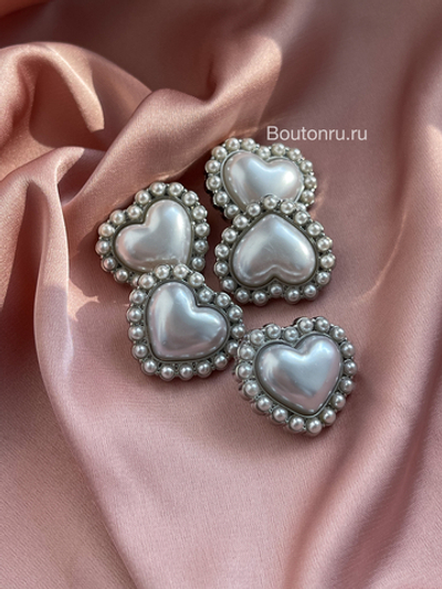 Пуговицы сердце серебро с жемчугом