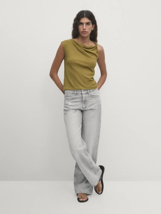 Massimo Dutti Хлопковый топ с драпировкой на плечах, зеленоватый