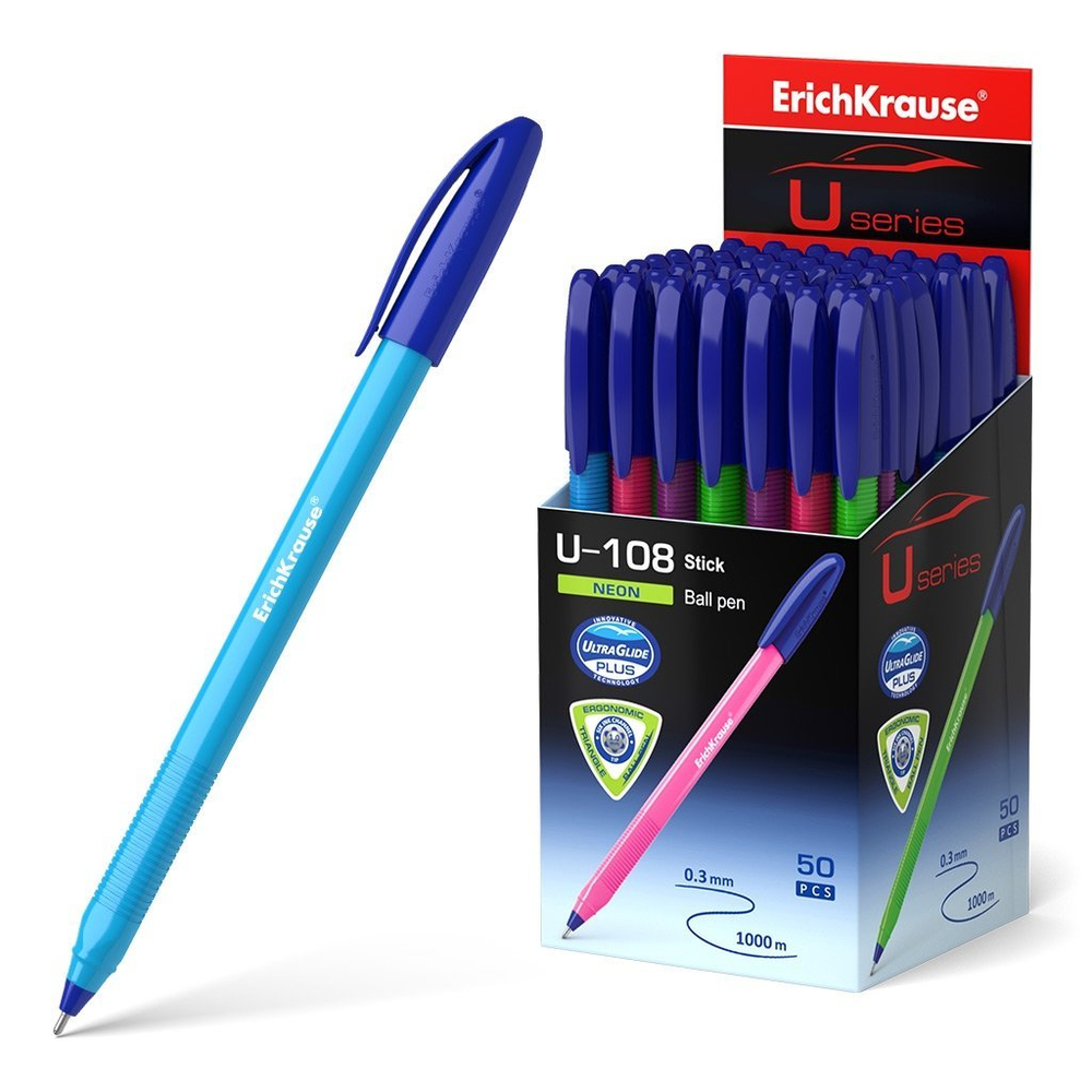 Ручка шариковая Erich Krause "U-108 Neon Stick Ultra Glide Technology", 1.0 мм, синяя, игольч. након., пластик. корпус, грип, карт. уп