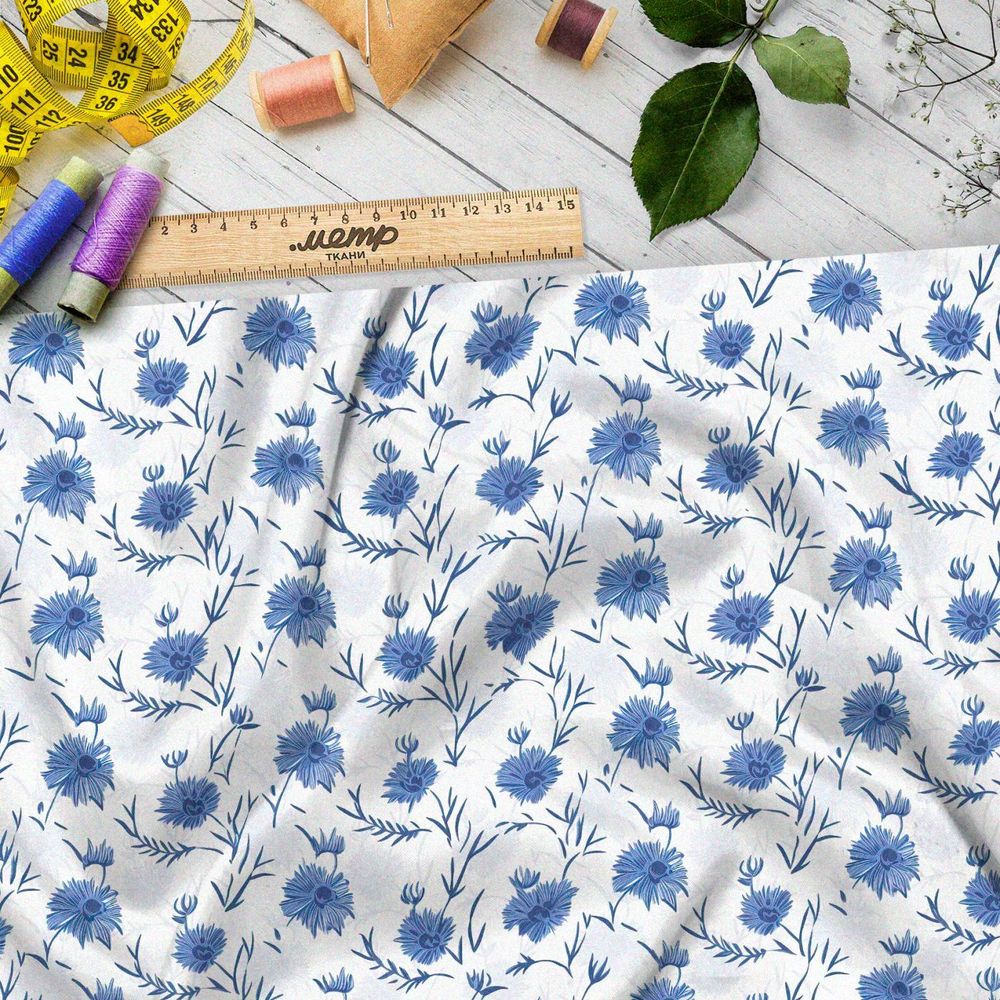 Ткань премиум мембрана васильки на белом