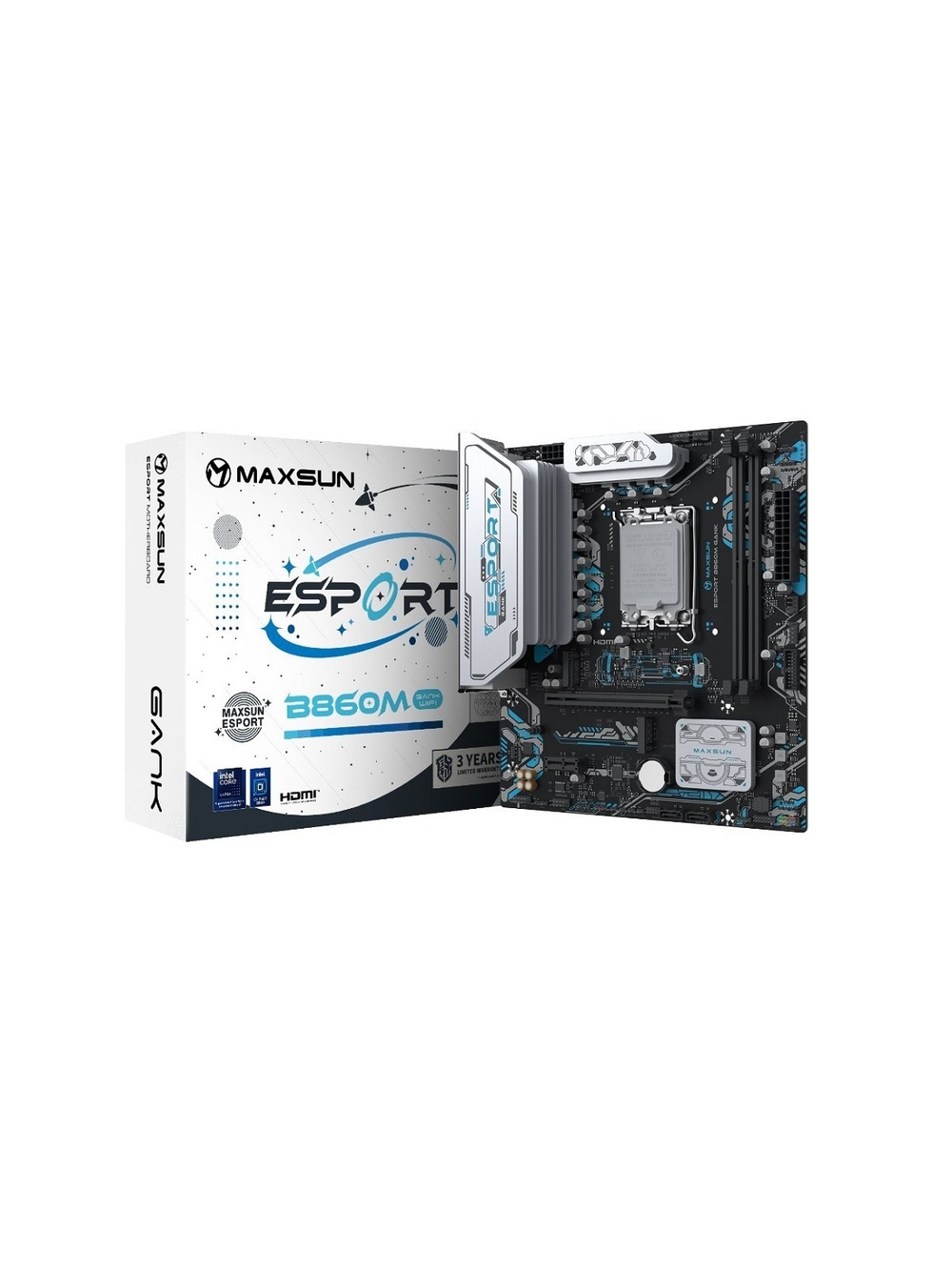 MAXSUN MS-eSport B860M GANK WIFI (Socket 1851, mATX, 2*DDR5(96Gb), DP/HDMI, 2xSATA3, 2*M.2,xPCI-Ex16 xPCI-Ex1, 2*USB 2.0, 4*USB 3.2, LAN 1*1G, Bluetooth, Wi-Fi6, ARGB, RTL)
