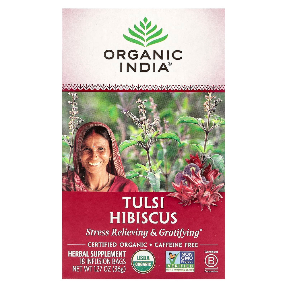 Organic India, Tulsi Tea, гибискус, без кофеина, 18 пакетиков для заваривания, 36 г (1,27 унции)