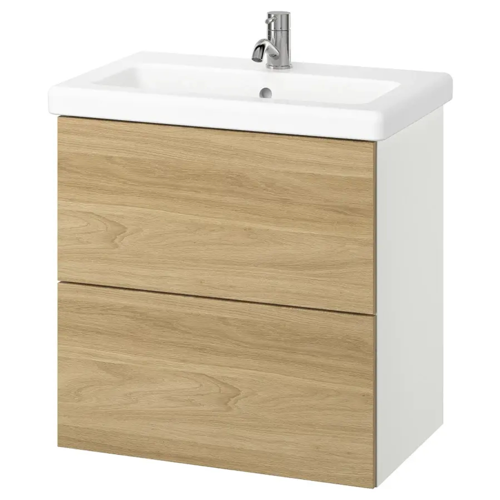 Шкаф умывальник с ящиками/мойкой/смесителем- ENHET / TVÄLLEN  /TVАLLEN  IKEA/ ЭНХЕТ / ТВЭЛЛЕН ИКЕА, белый/имитация. дуб, 64х43х65 см