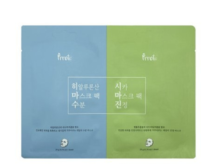 Маска для лица Prreti Dual Mask 2 sheets (Moisturizing, Soothing) Двойная Увлажняющая с гиалуроновой кислотой + успокаивающая с центеллой 20 г + 20 г