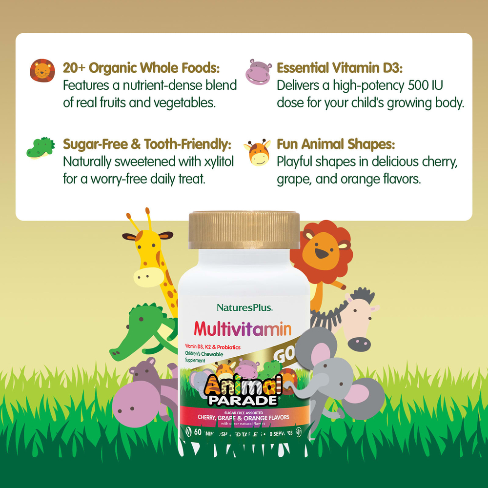 NaturesPlus, Animal Parade® Gold, жевательные мультивитамины для детей, со вкусом вишни, винограда и апельсина, 60 таблеток в форме животных