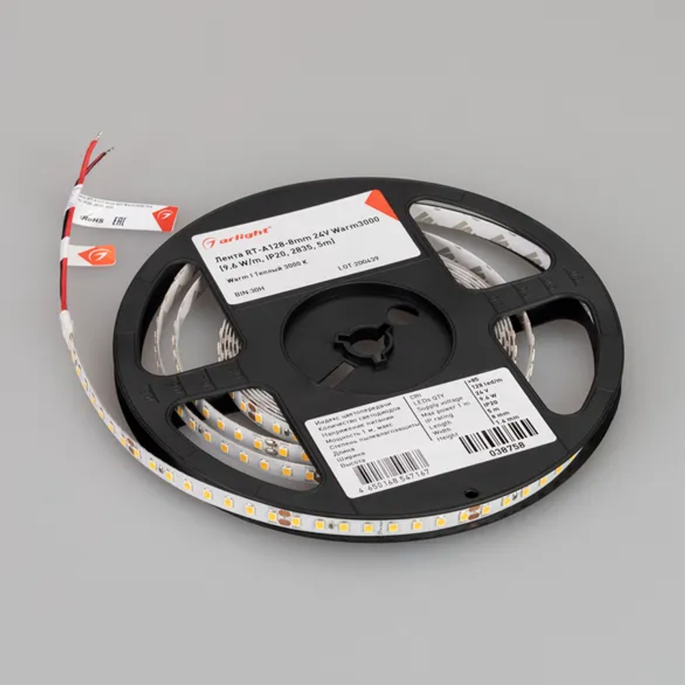 Светодиодная лента RT-A128-8mm 24V Warm3000 (9.6 W/m, IP20, 2835, 5m) (Arlight, высок.эфф.150 лм/Вт) 038758