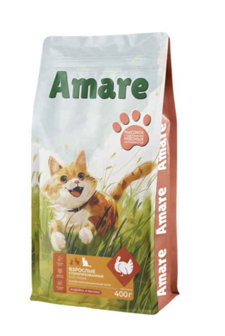Amare Сухой полнорационный корм для стерилизованных кошек индейка и яблоко 400 г