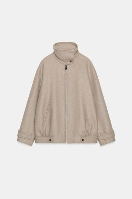 ZARA БОМБЕР ИЗ ШЕРСТИ С ВЫСОКИМ ВОРОТНИКОМ, СВЕТЛЫЙ СЕРО-КОРИЧНЕВЫЙ